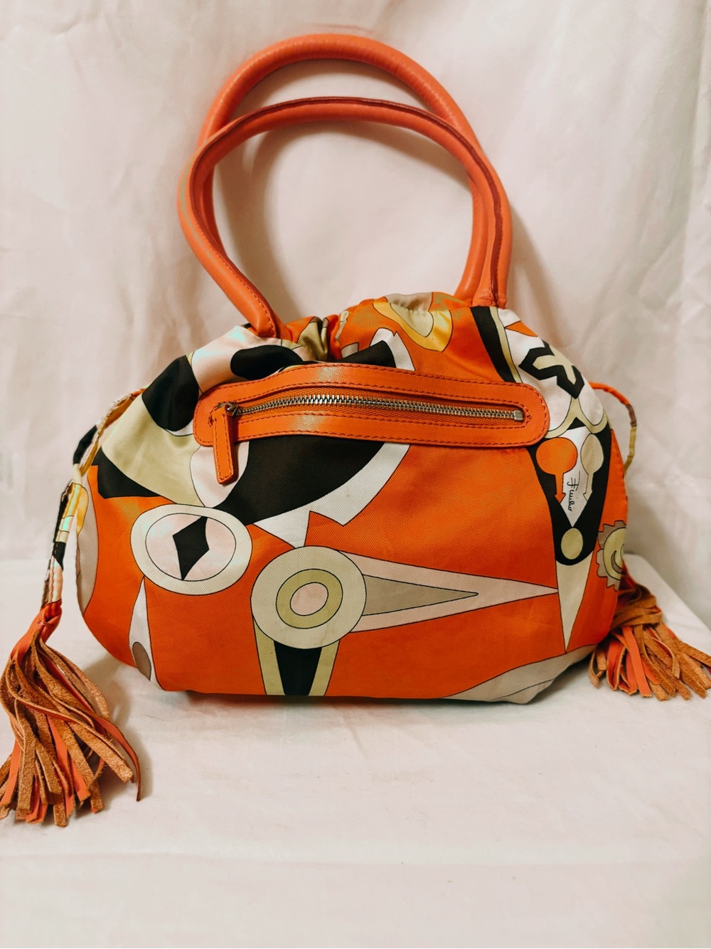 RARE Emilio Pucci Coral REVERSIBLE Drawstring Shoulder Bag (leather /satin)